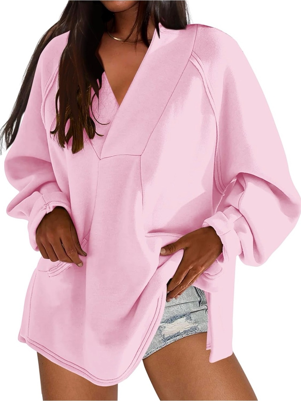 Pink Oversized Sweatshirt V Neck